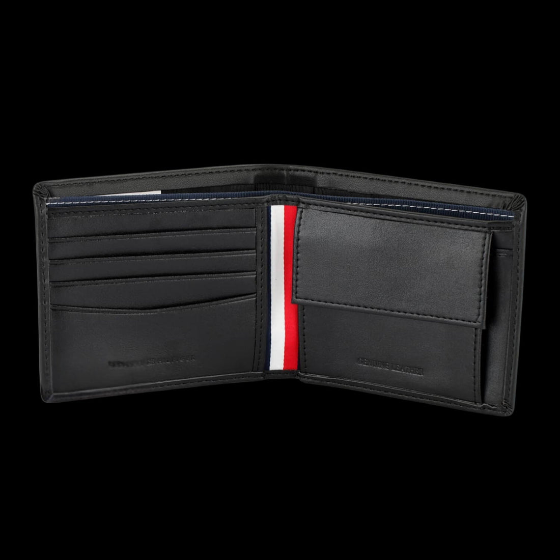 Open black leather bifold wallet showing card slots and interior stitching