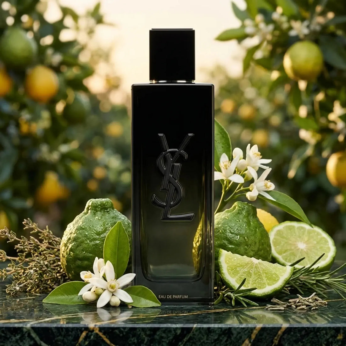 A fragrance bottle surrounded by bergamot fruit and orange blossom, illustrating fragrance notes