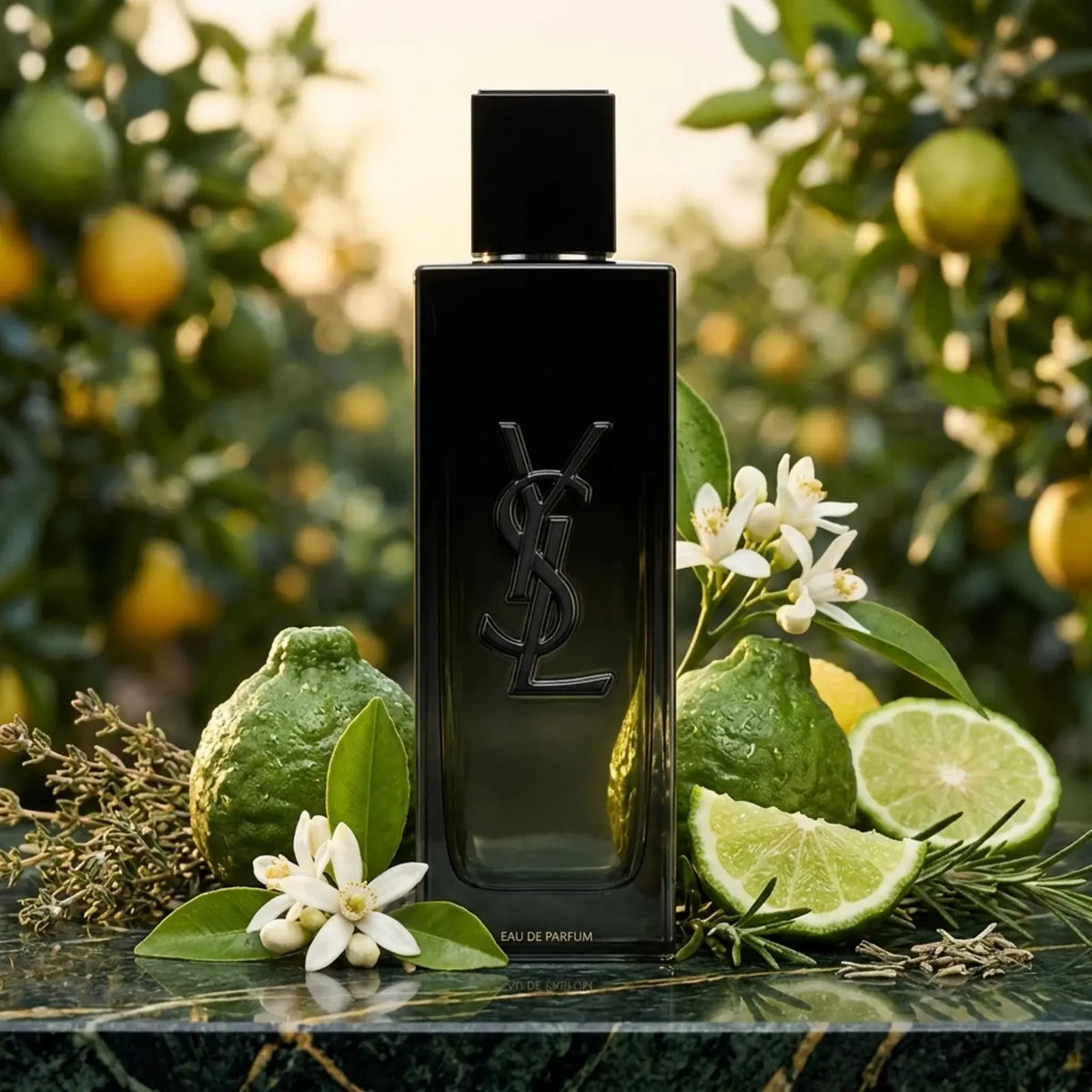 A fragrance bottle surrounded by bergamot fruit and orange blossom, illustrating fragrance notes