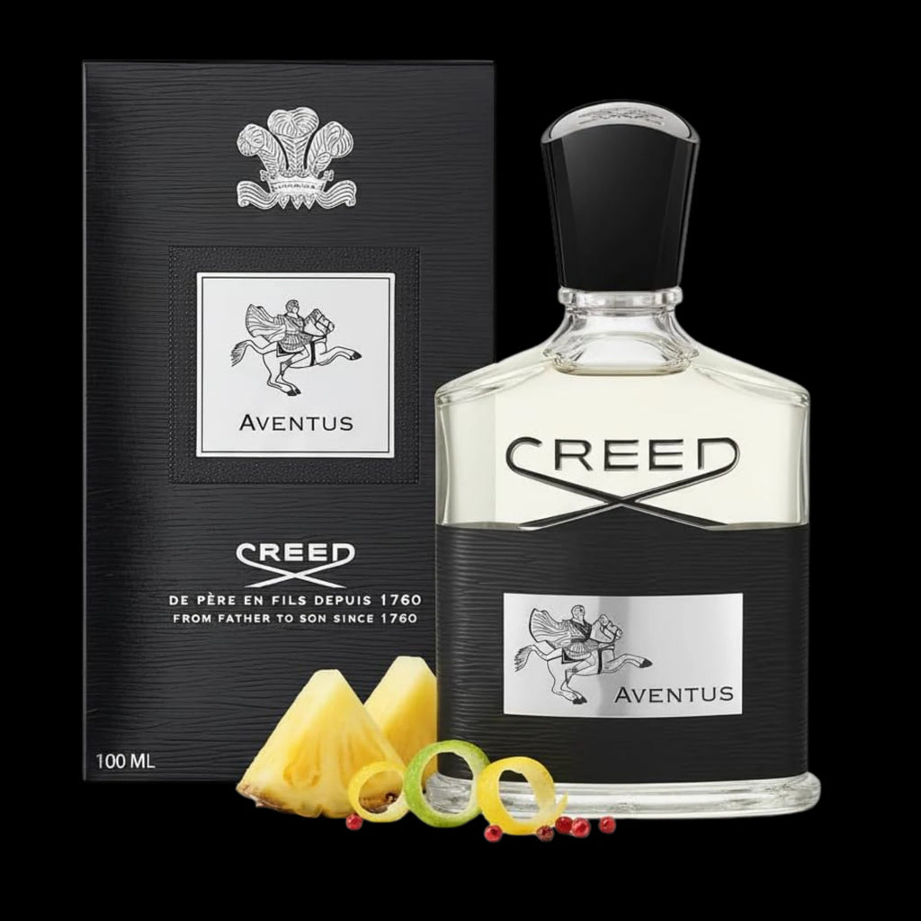 Creed Aventus Eau de Parfum 100 ml bottle beside its black Creed box, with pineapple and citrus peel referencing the fragrance's fruity accord