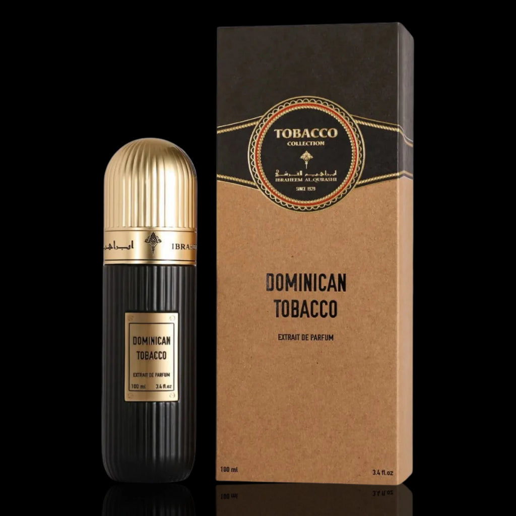 Ibraheem Al Qurashi Dominican Tobacco Extrait de Parfum 100 ml bottle beside its Tobacco Collection box