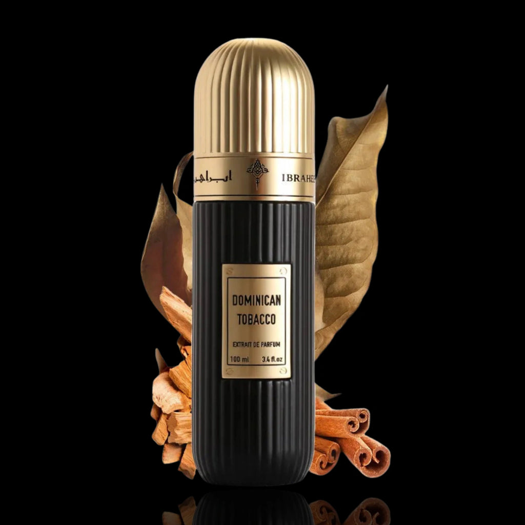 Ibraheem Al Qurashi Dominican Tobacco bottle with tobacco leaf, cinnamon sticks and dried wood
