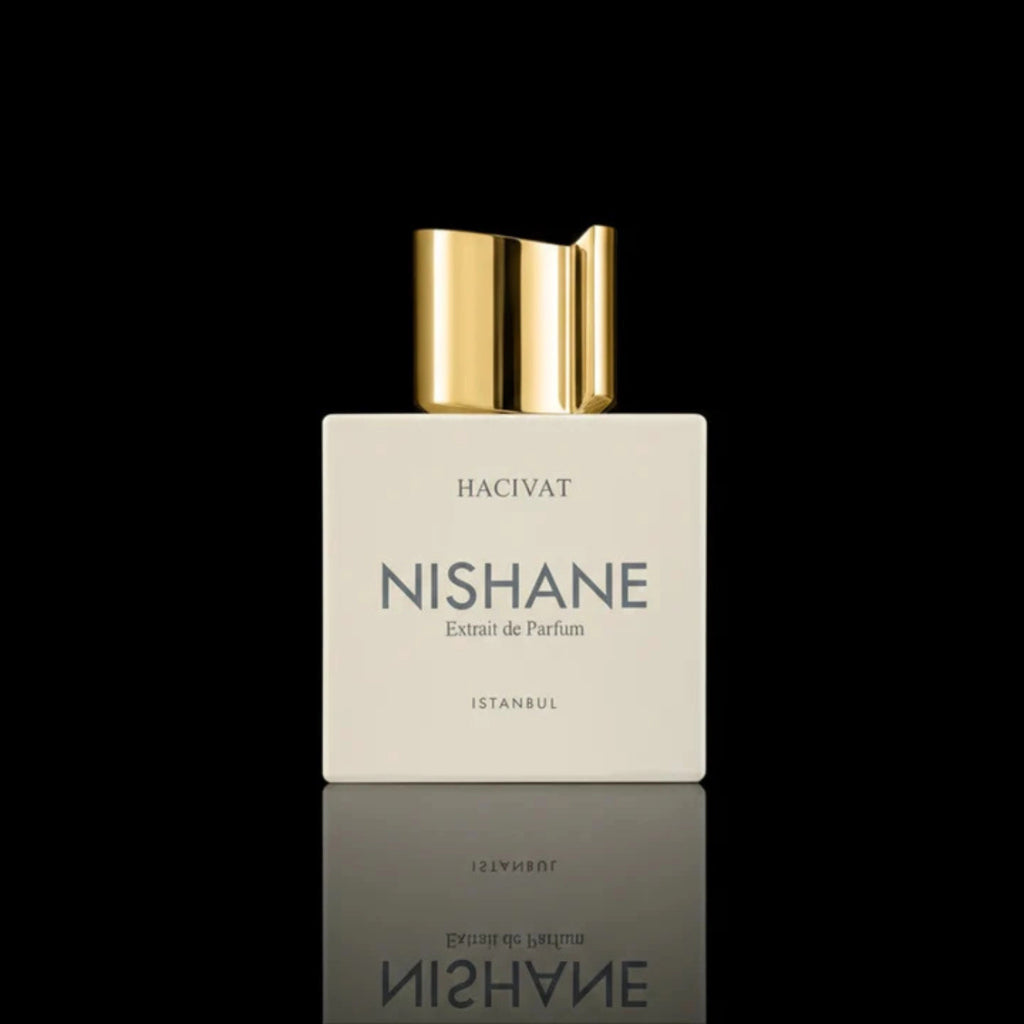 Front view of the Nishane Hacivat Extrait de Parfum 100 ml flacon showing its gold cap and Istanbul label