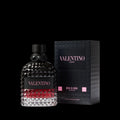 Valentino Uomo Born In Roma Intense Eau de Parfum 100 ml studded bottle beside its black and pink box